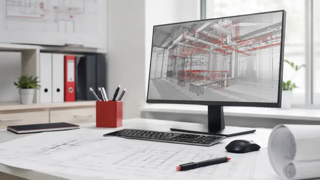 CAD-Arbeitsplatz für Elektroplanung mit technischen Gebäudeplänen